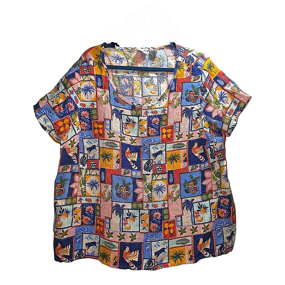 CC California Tropical Patchwork Print Scoop Neck Short Sleeve Blouse XL